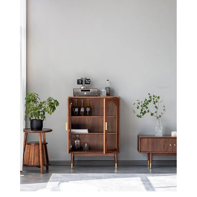 Whimsical Walnut Wood Two Arch Glass Door Design Cabinet