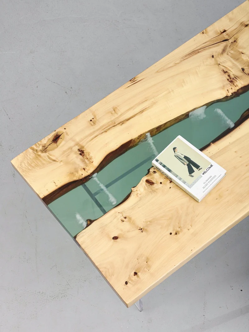 White Luminous Epoxy Table in Poplar Wood