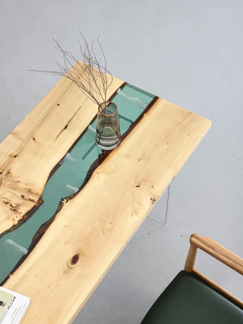 White Luminous Epoxy Table in Poplar Wood