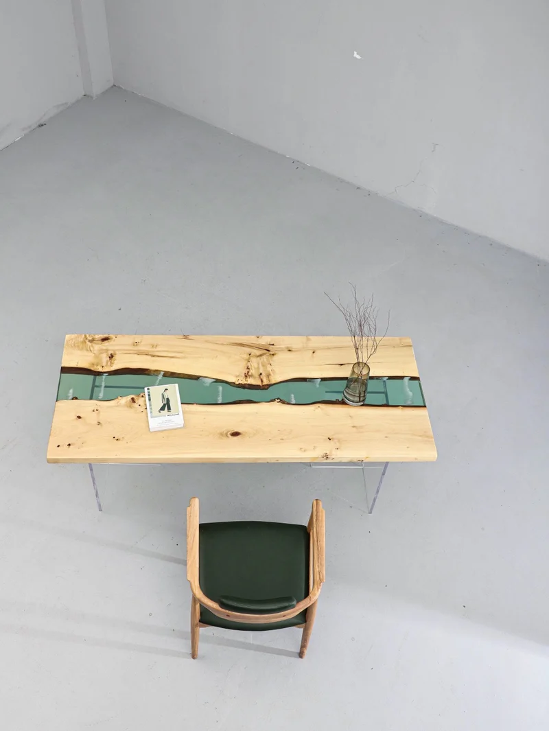 White Luminous Epoxy Table in Poplar Wood