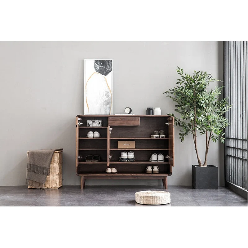 Japandi Compact Black Walnut Wood Shoe Cabinet