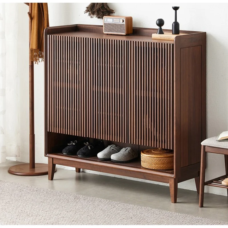 Alchemy Grille Doors Walnut Wood Shoe Cabinet