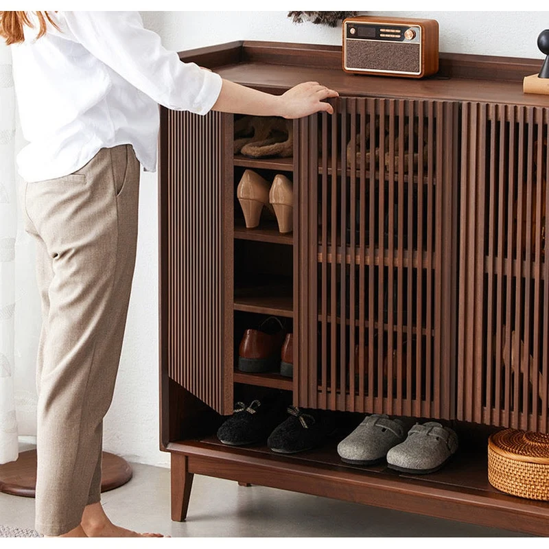 Alchemy Grille Doors Walnut Wood Shoe Cabinet