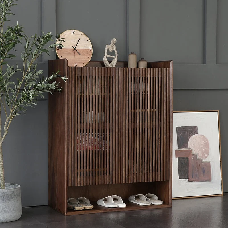 Japandi Grille Doors Walnut Shoe Cabinet