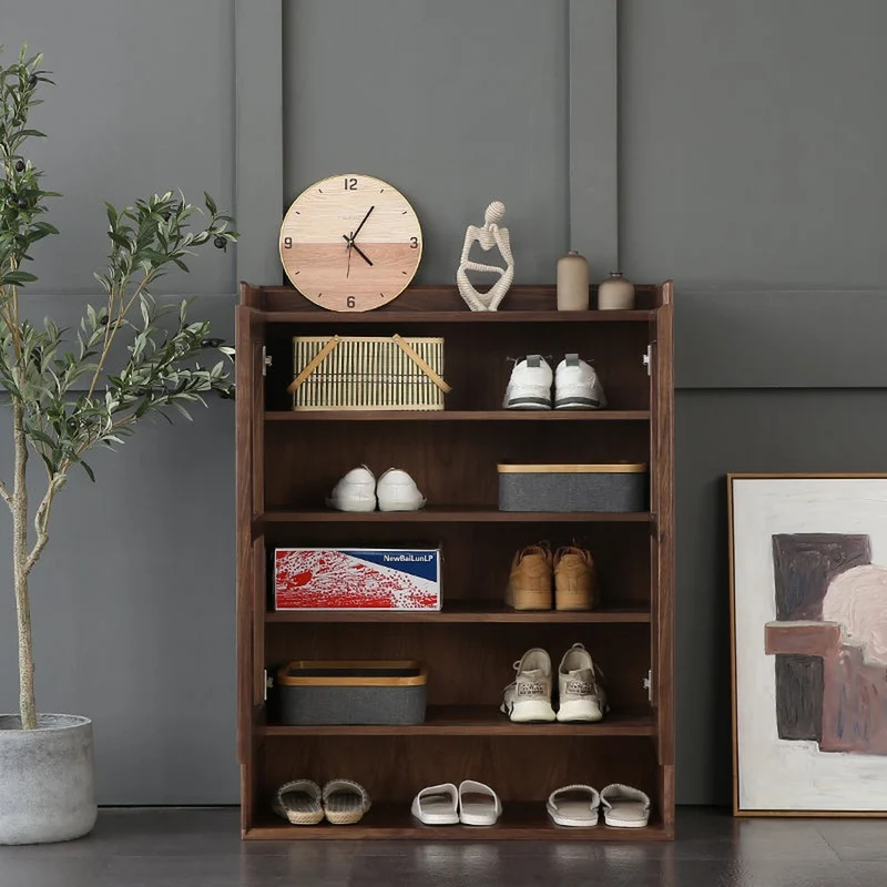 Japandi Grille Doors Walnut Shoe Cabinet