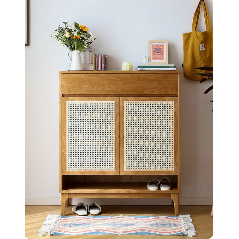Finesse White Oak Wood Shoe Cabinet with Rattan Doors