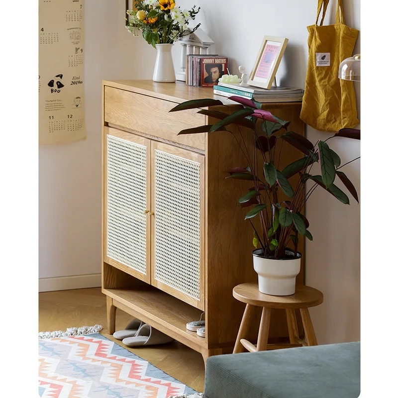 Finesse White Oak Wood Shoe Cabinet with Rattan Doors