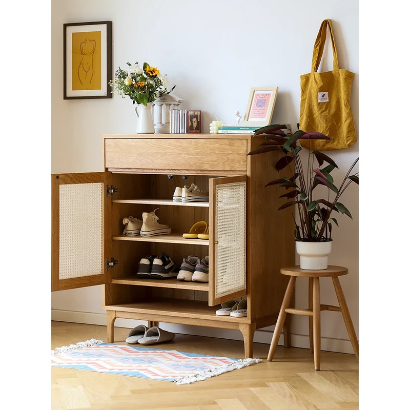 Finesse White Oak Wood Shoe Cabinet with Rattan Doors