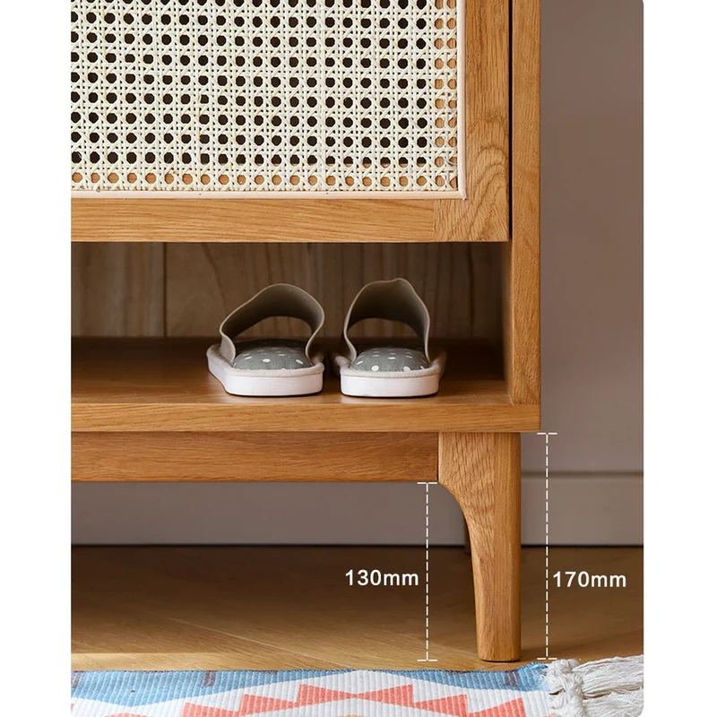 Finesse White Oak Wood Shoe Cabinet with Rattan Doors