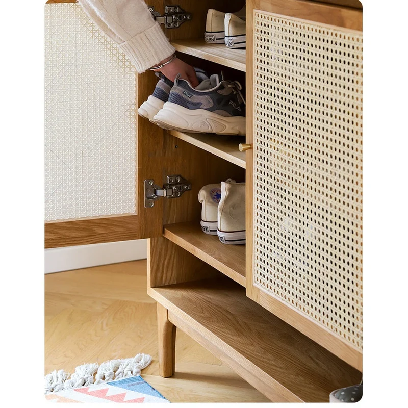 Finesse White Oak Wood Shoe Cabinet with Rattan Doors
