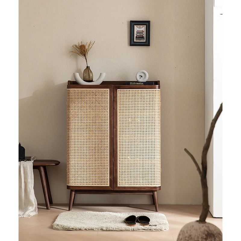 Japandi Walnut Wood Shoe Cabinet with Rattan Doors