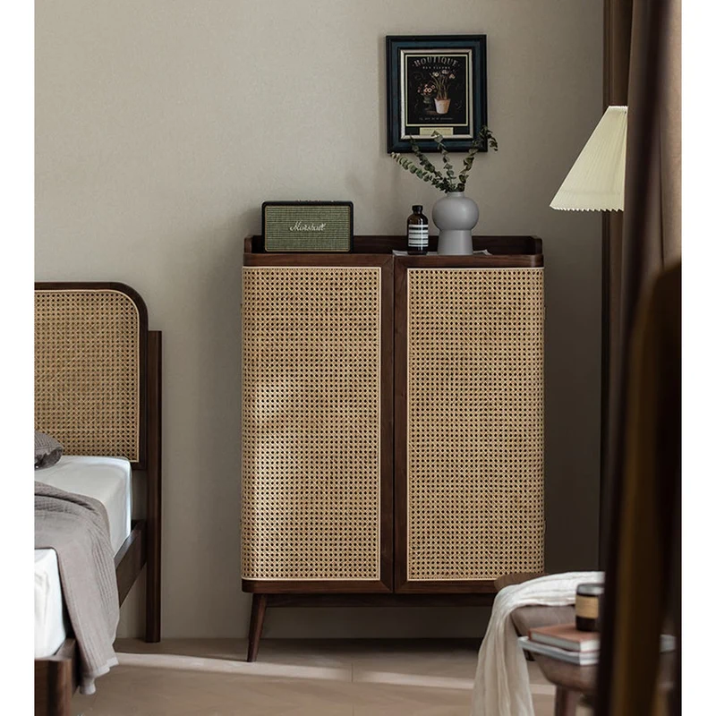 Japandi Walnut Wood Shoe Cabinet with Rattan Doors