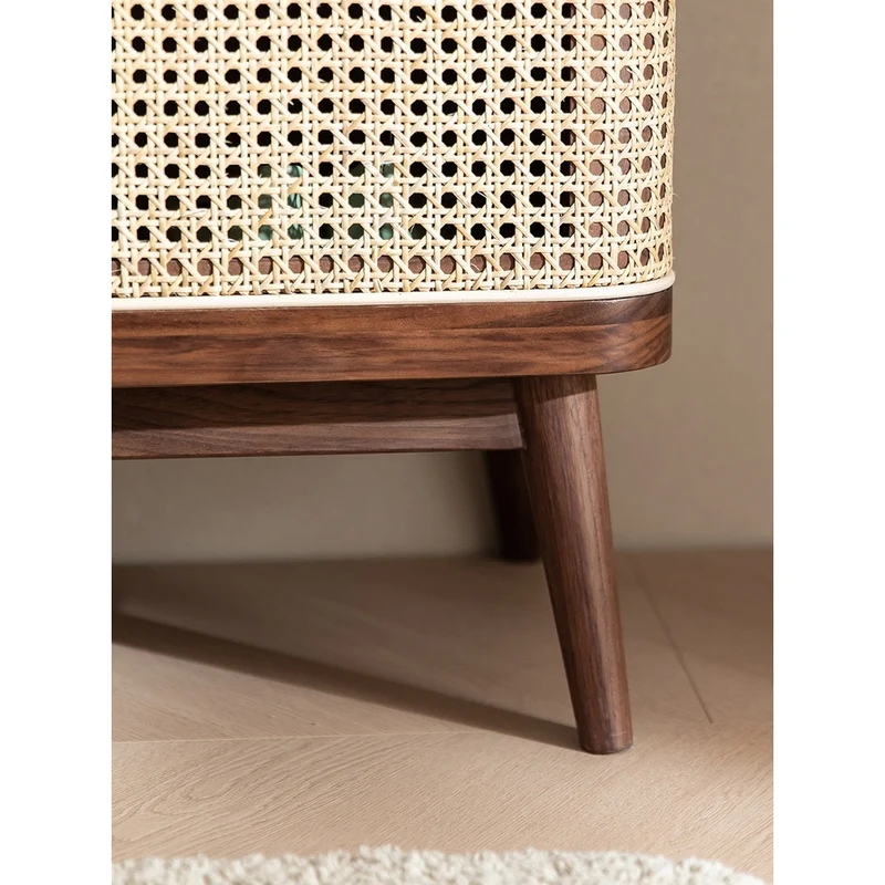 Japandi Walnut Wood Shoe Cabinet with Rattan Doors