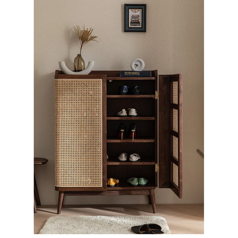 Japandi Walnut Wood Shoe Cabinet with Rattan Doors