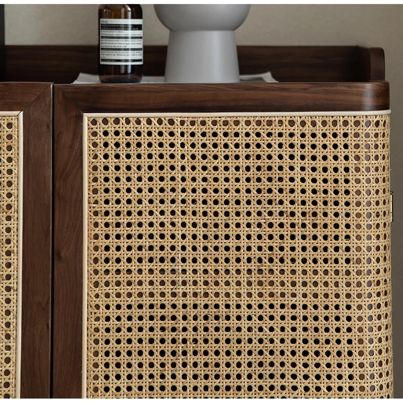 Japandi Walnut Wood Shoe Cabinet with Rattan Doors