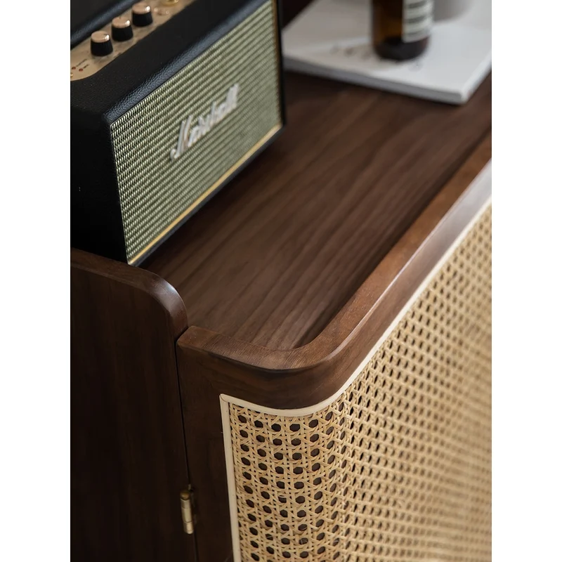 Japandi Walnut Wood Shoe Cabinet with Rattan Doors