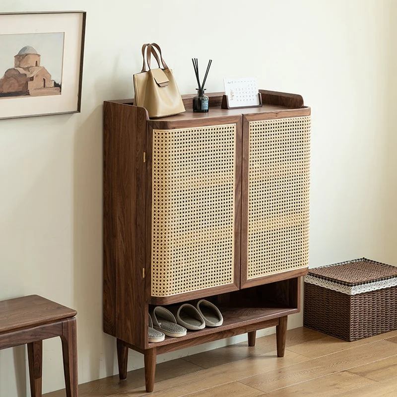 Epicure Solid Walnut Wood Rattan Shoe Cabinet