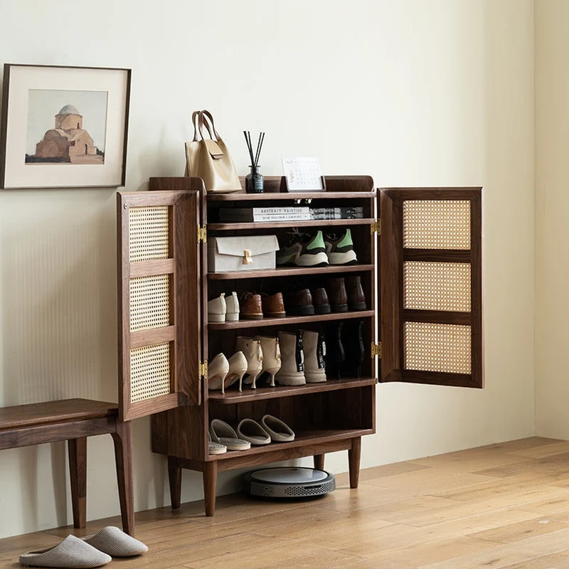 Epicure Solid Walnut Wood Rattan Shoe Cabinet