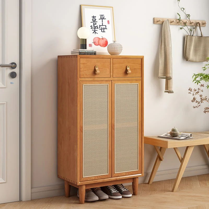 Solid Cherry Wood Shoe Storage Cabinet with Rattan Doors
