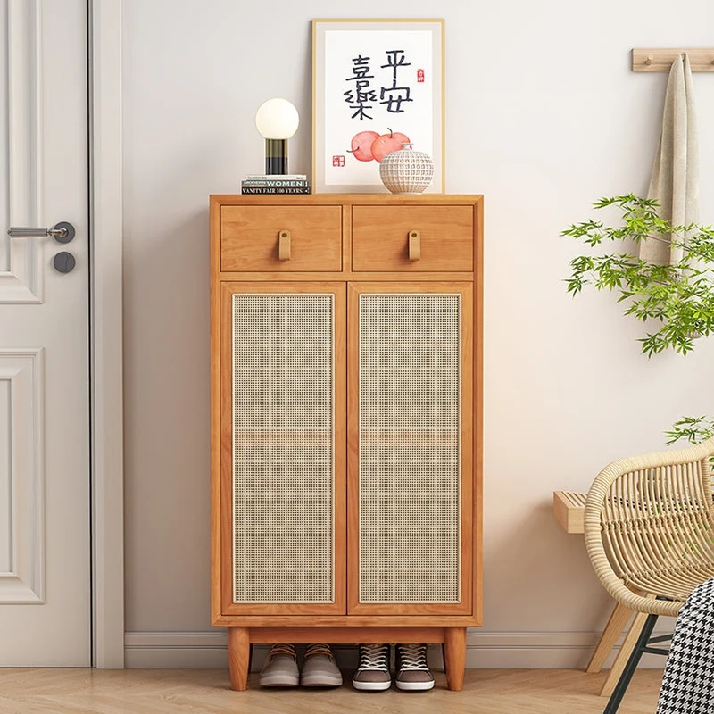 Solid Cherry Wood Shoe Storage Cabinet with Rattan Doors
