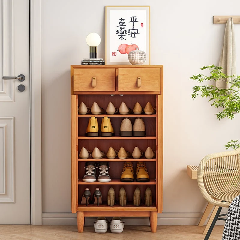Solid Cherry Wood Shoe Storage Cabinet with Rattan Doors