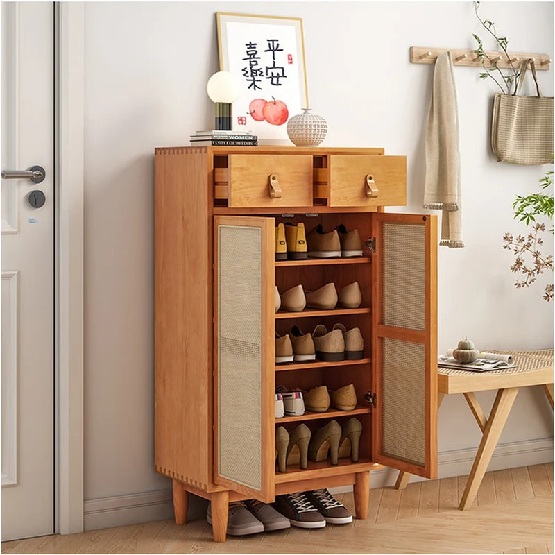 Solid Cherry Wood Shoe Storage Cabinet with Rattan Doors