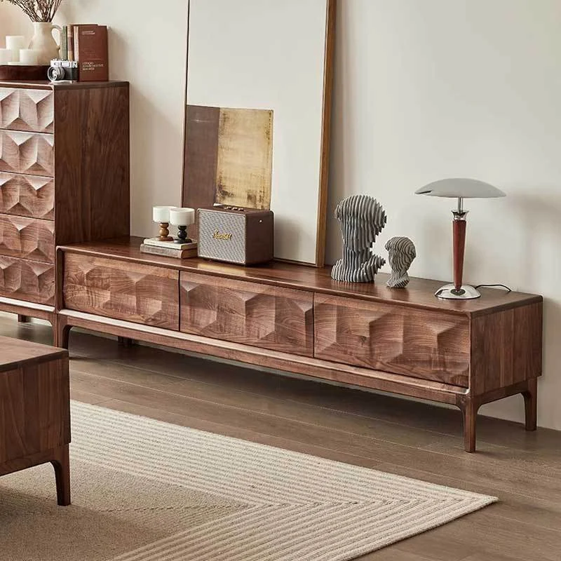 Epic Walnut Wood TV Stand with Geometric Drawer Fronts