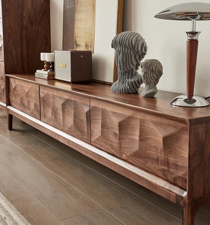 Epic Walnut Wood TV Stand with Geometric Drawer Fronts