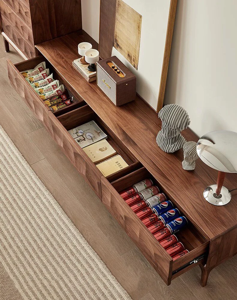 Epic Walnut Wood TV Stand with Geometric Drawer Fronts