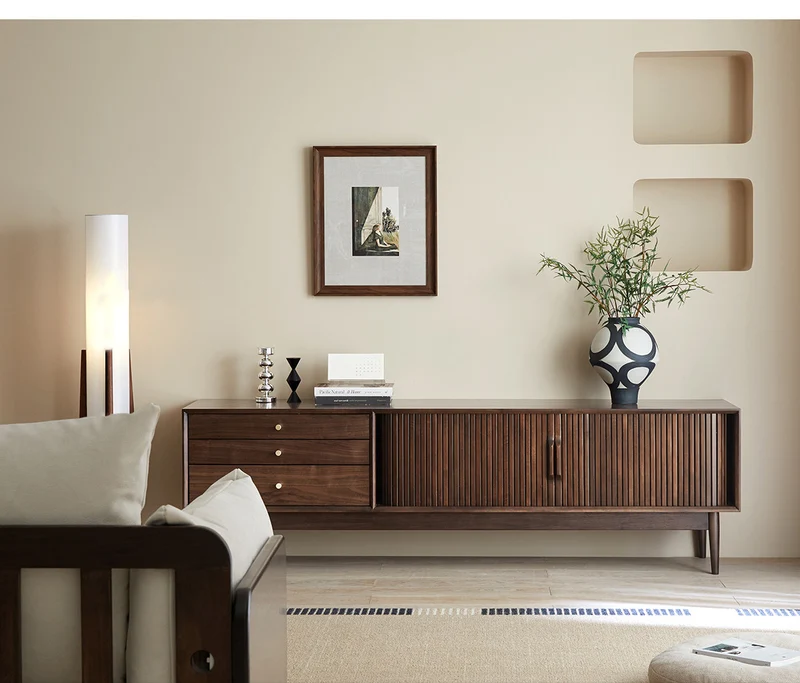 Core Hau Mid-Century Walnut TV Cabinet with Tambour Doors