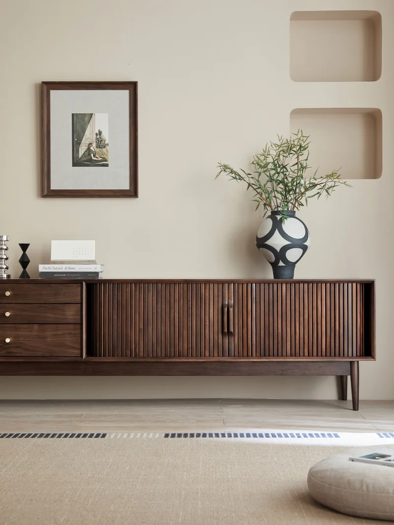 Core Hau Mid-Century Walnut TV Cabinet with Tambour Doors