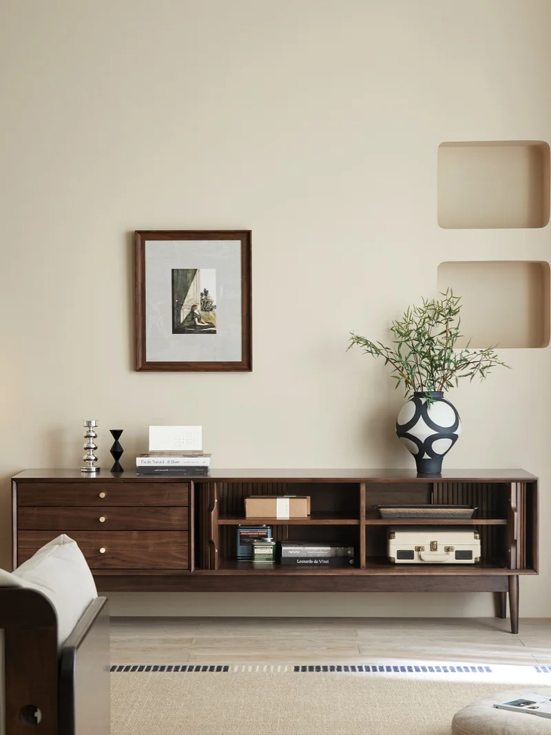 Core Hau Mid-Century Walnut TV Cabinet with Tambour Doors