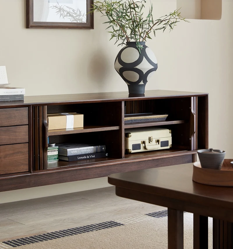 Core Hau Mid-Century Walnut TV Cabinet with Tambour Doors