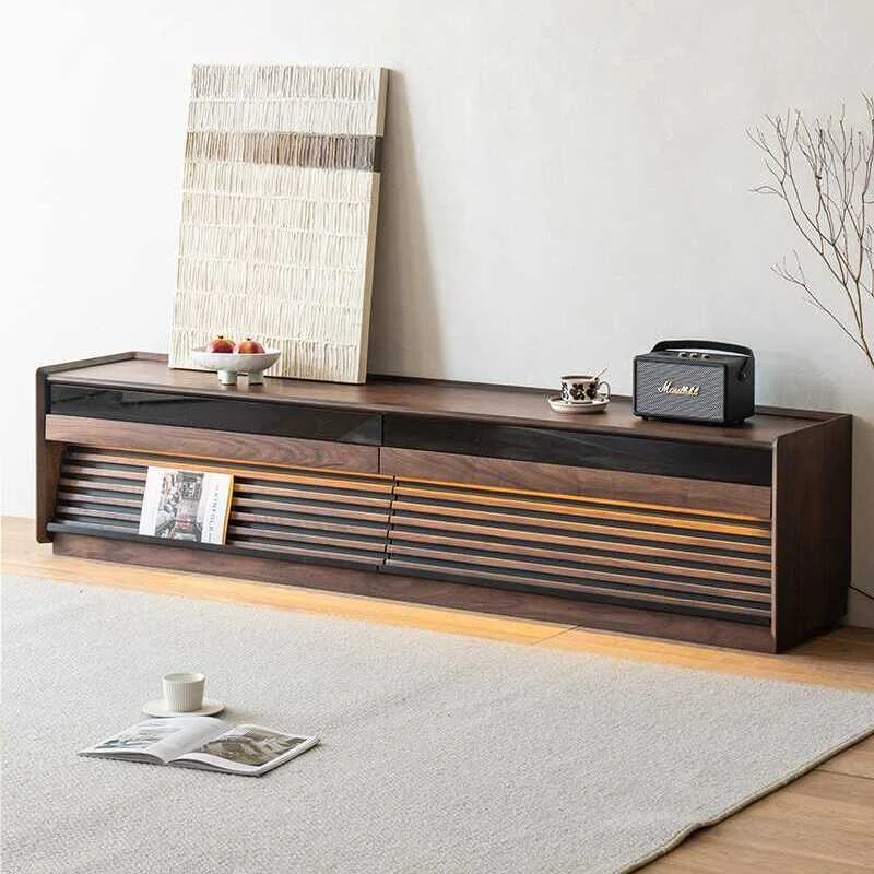 Joint Walnut Slatted TV Stand with Modern Storage Cabinet