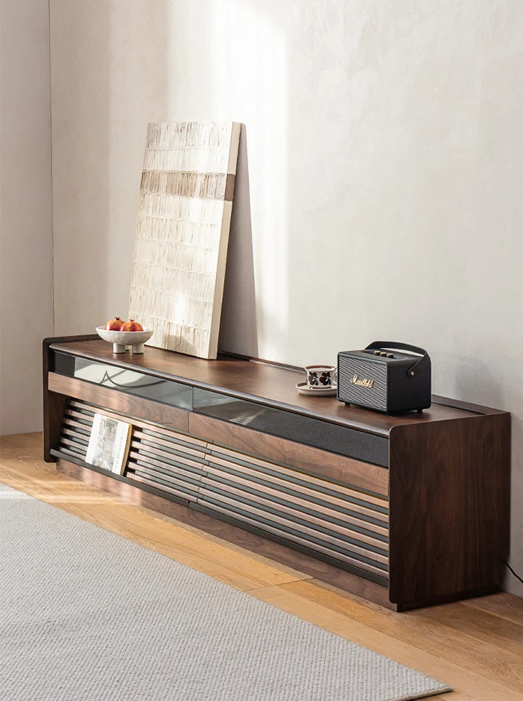 Joint Walnut Slatted TV Stand with Modern Storage Cabinet