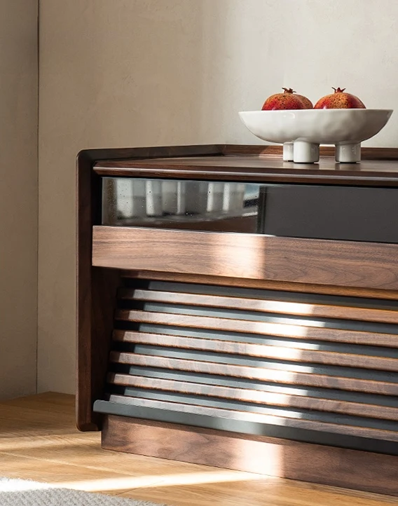 Joint Walnut Slatted TV Stand with Modern Storage Cabinet