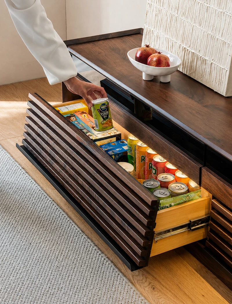 Joint Walnut Slatted TV Stand with Modern Storage Cabinet