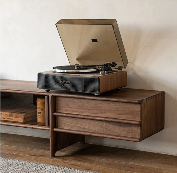 Japandi Walnut TV Stand with Drawers & Open Shelving