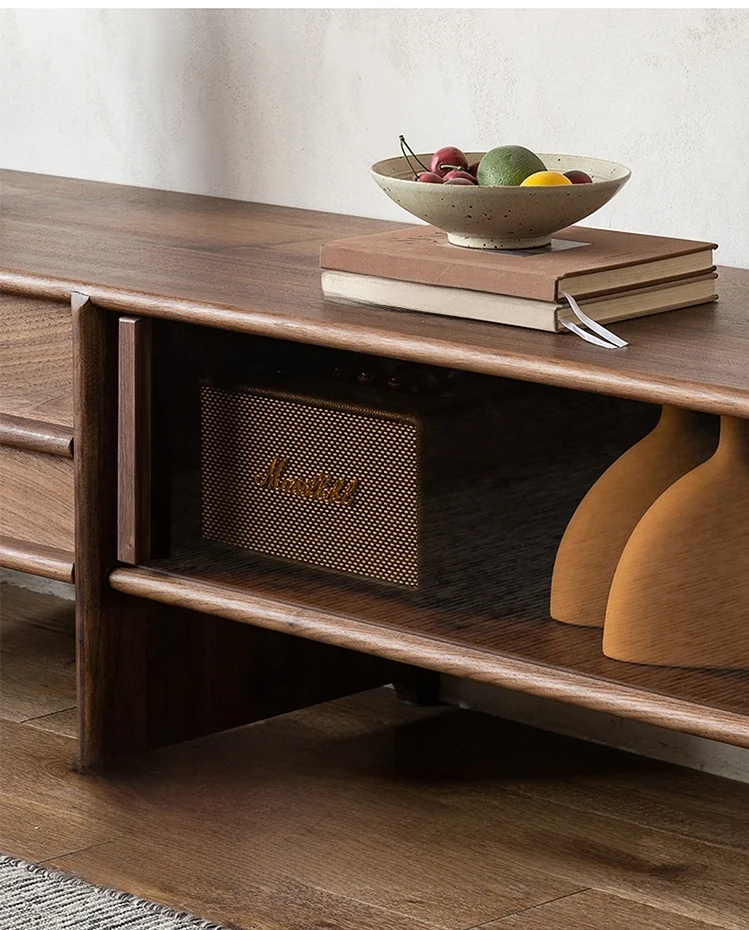 Japandi Walnut TV Stand with Drawers & Open Shelving