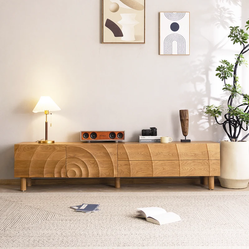 PlankView White Oak Artistic TV Stand with Carved Doors
