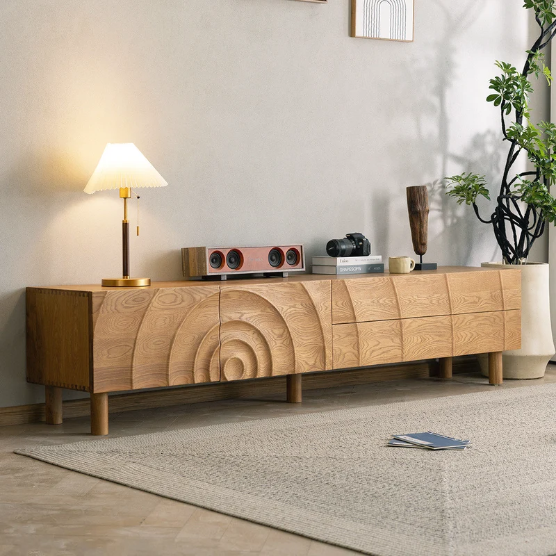PlankView White Oak Artistic TV Stand with Carved Doors