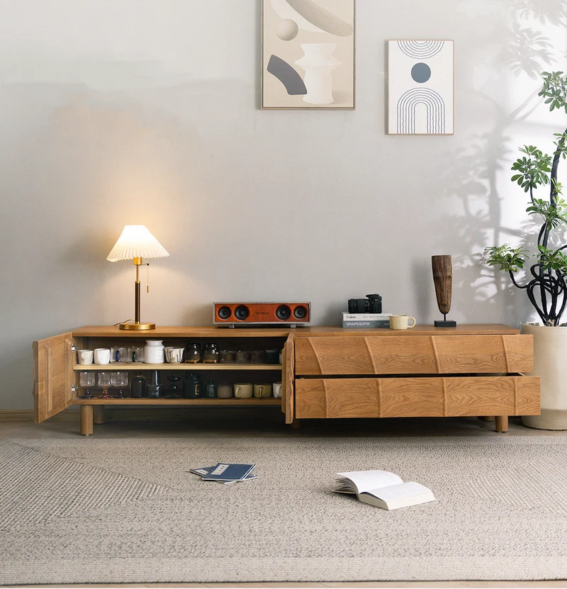 PlankView White Oak Artistic TV Stand with Carved Doors