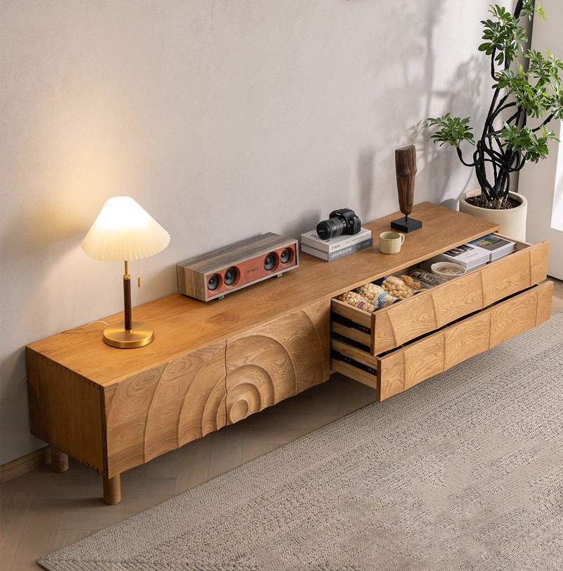 PlankView White Oak Artistic TV Stand with Carved Doors