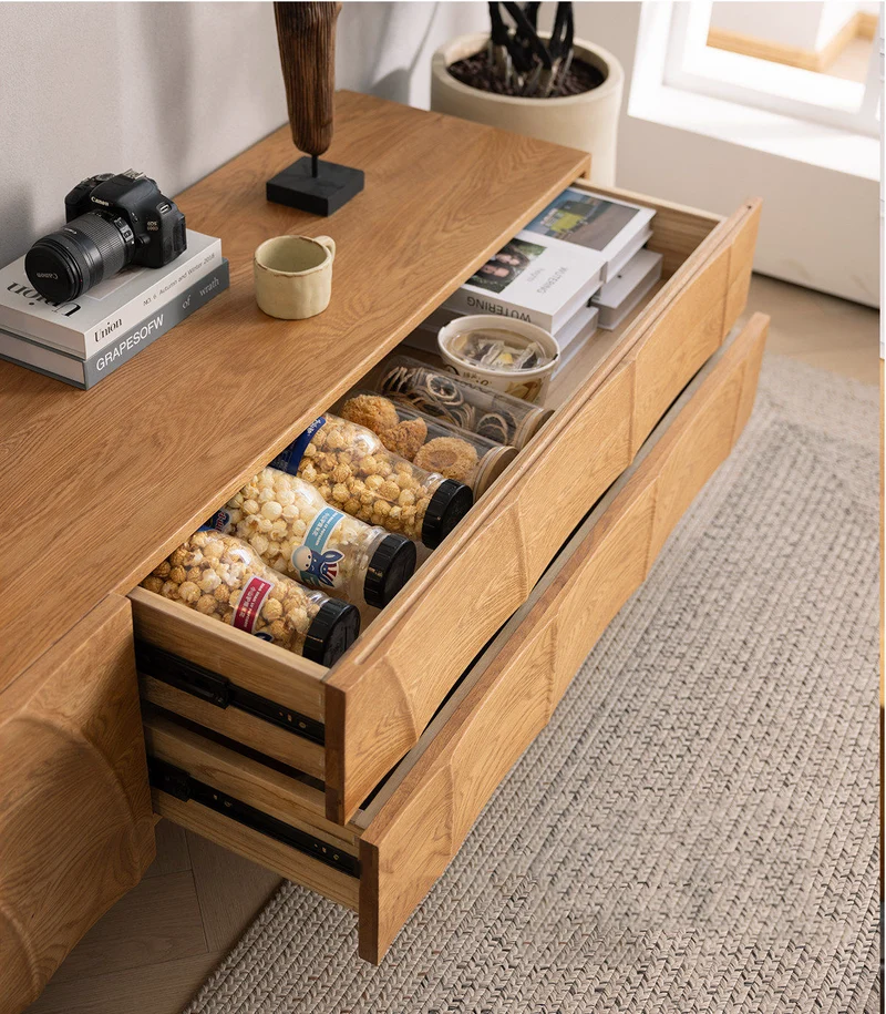 PlankView White Oak Artistic TV Stand with Carved Doors