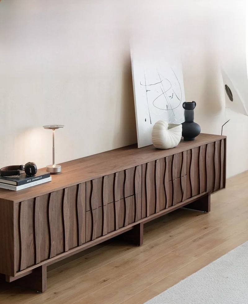Coda Modern Walnut TV Stand with Sculpted Wave Doors
