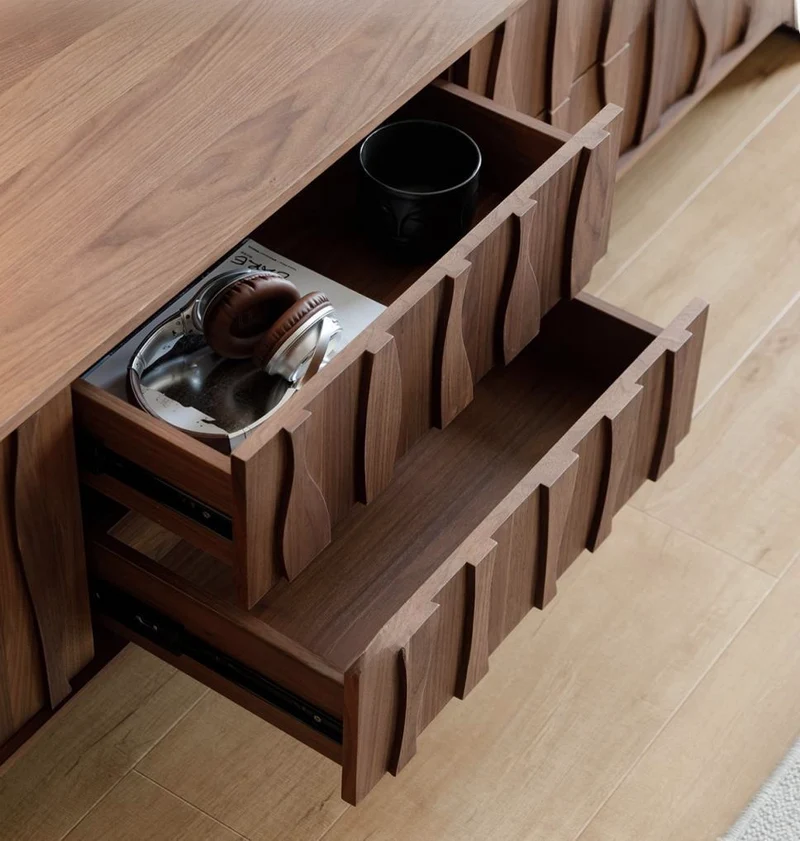 Coda Modern Walnut TV Stand with Sculpted Wave Doors