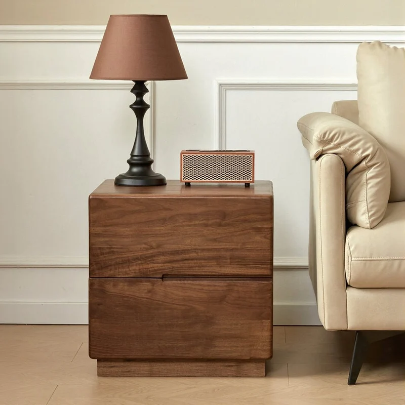 Japandi Solid Black Walnut Wood Bedside Table with 2 Drawers