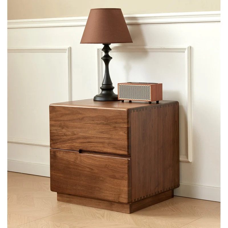 Japandi Solid Black Walnut Wood Bedside Table with 2 Drawers