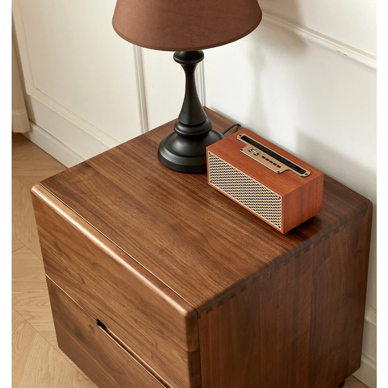 Japandi Solid Black Walnut Wood Bedside Table with 2 Drawers
