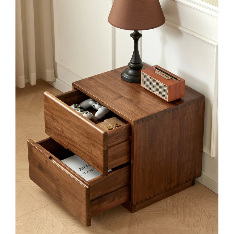 Japandi Solid Black Walnut Wood Bedside Table with 2 Drawers